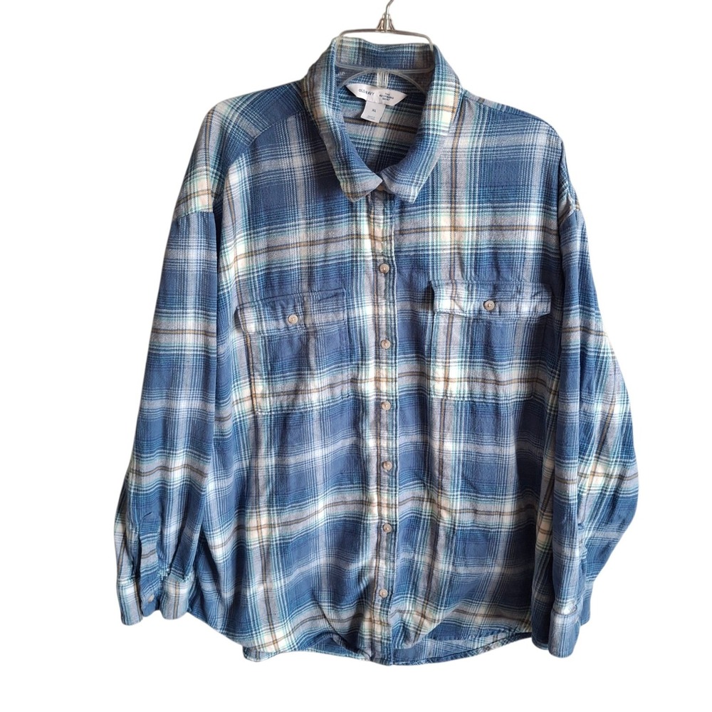 Old Navy The Boyfriend Shirt Women's XL Plaid Flannel Button Up Blue Cotton